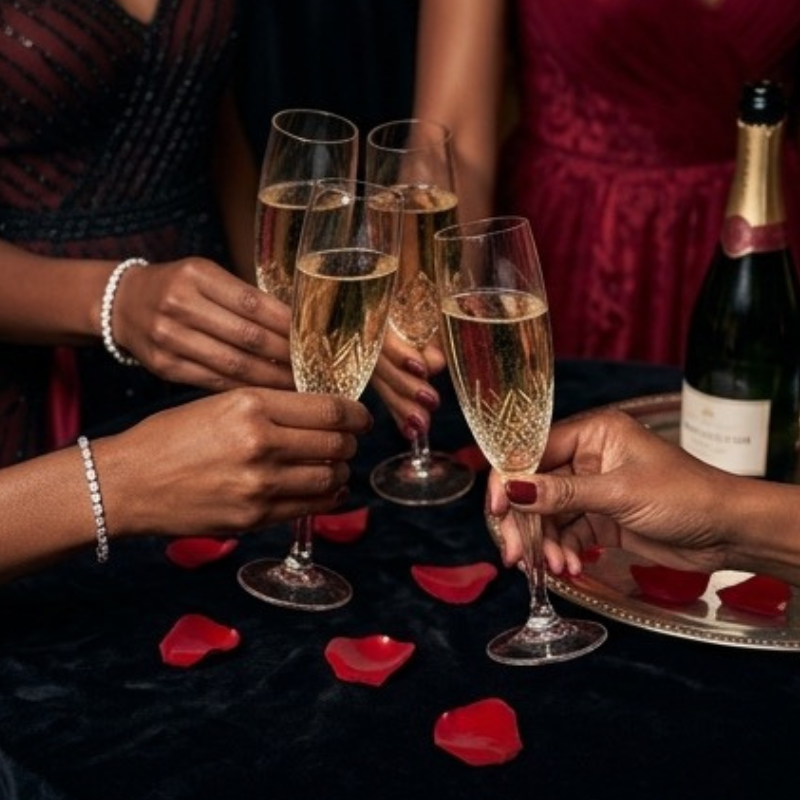 Women celebrating with champagne at a gala
