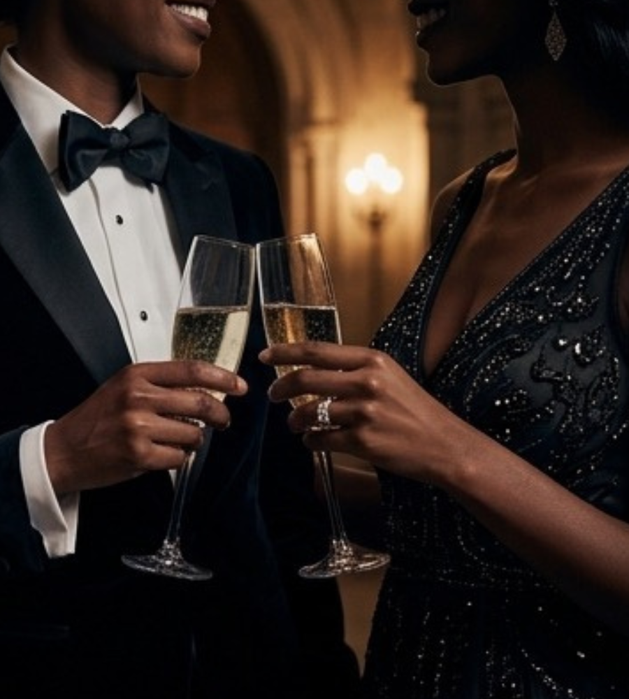 Elegant black tie champagne toast